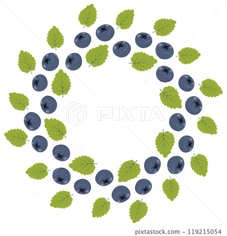 Blueberries or bilberries with green mint leaves Abstract round frame border. Copy space. Template 119215054