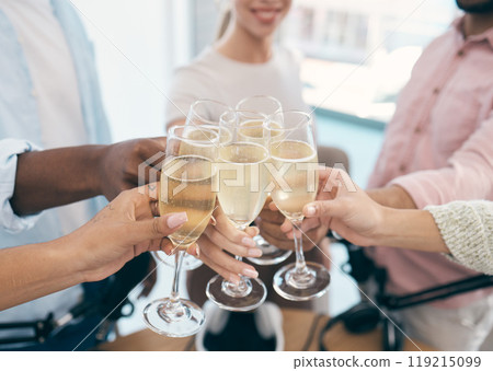 Hands, Champagne and toast with celebration and professional people in office with alcohol and success. Winning, team and employees cheers with alcoholic drink, closeup with partnership and pride 119215099