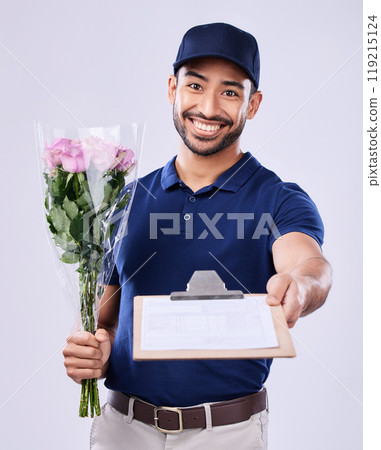 Portrait, flower bouquet courier and delivery man with clipboard, paperwork and shipping product, stock or export sale. Floral order, distribution service invoice or studio person on white background 119215124