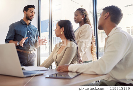 Collaboration, group teamwork and business people with laptop and boss with communication in a office. Working, tech and creative writer staff with advice, talking and discussion for digital project Collaboration, group teamwork and business people with laptop and boss with communication in a office. Working, tech and creative writer staff with advice, talking and discussion for digital project 119215129