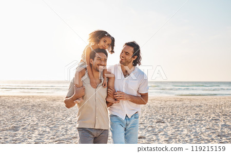 Gay couple, piggyback and relax with family at beach for seaside holiday, support and travel mockup. Summer, vacation and love with men and child in nature for lgbtq, happiness and bonding together Gay couple, piggyback and relax with family at beach for seaside holiday, support and travel mockup. Summer, vacation and love with men and child in nature for lgbtq, happiness and bonding together 119215159