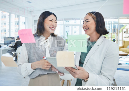 Business women, teamwork and planning on glass board for marketing timeline, calendar and happy ideas in office. Professional manager and people with workflow, sticky notes and scrum or agile goals Business women, teamwork and planning on glass board for marketing timeline, calendar and happy ideas in office. Professional manager and people with workflow, sticky notes and scrum or agile goals 119215161