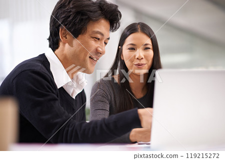 Laptop, asian business people and happy for teamwork on technology and online research on project. Japanese man, woman and working together in office in collaboration and web developer by computer 119215272