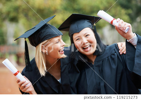 Face, graduation and excitement with student friends outdoor on university or college campus for success. Certificate, smile and achievement with graduate women at event or ceremony for celebration 119215273