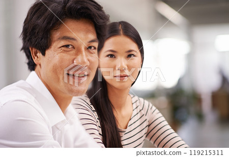 Couple, smile and portrait in studio for professional, career and corporate for job and style indoor on mockup. Coworkers, colleagues or asian people and happy with confidence for partnership 119215311