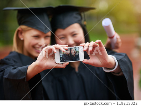 Selfie, graduation and certificate with student friends on campus together for success at university. Education, achievement and photograph with happy graduate women at college event for scholarship 119215322
