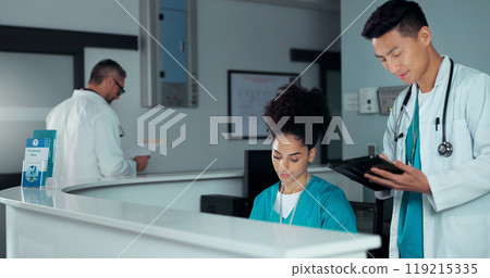 Reception people, tablet and doctor signature for administration invoice, hospital report or medicine study. Folder, secretary and medical team, nurses or surgeon sign online management approval Reception people, tablet and doctor signature for administration invoice, hospital report or medicine study. Folder, secretary and medical team, nurses or surgeon sign online management approval 119215335