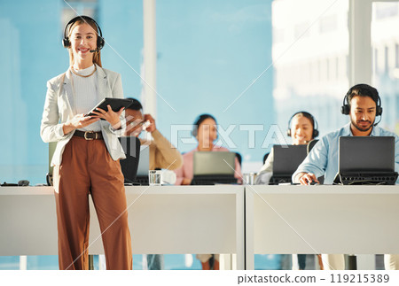 Portrait of happy woman, call center or team leader with tablet in customer service or telemarketing. Contact, sales or consultant agent coworking with smile or technology for online tech support 119215389