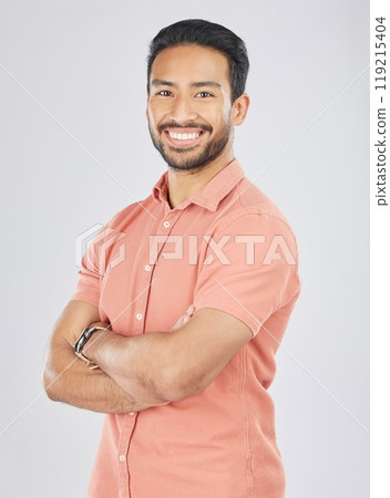 Business, crossed arms and portrait of Asian man in studio smile for career, work and job opportunity. Confidence, professional male and isolated happy person in casual style on white background Business, crossed arms and portrait of Asian man in studio smile for career, work and job opportunity. Confidence, professional male and isolated happy person in casual style on white background 119215404