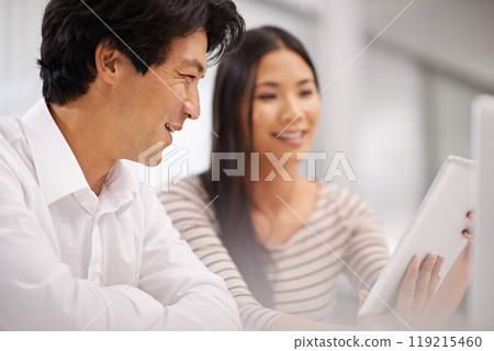 Work, cooperation and people with tablet for collaboration in Japanese startup with teamwork. Planning, project and happy in Tokyo office and reading online research with discussion of feedback Work, cooperation and people with tablet for collaboration in Japanese startup with teamwork. Planning, project and happy in Tokyo office and reading online research with discussion of feedback 119215460