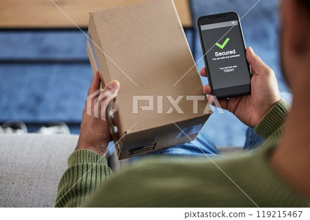 Package label, phone screen and person hands reading security check, ecommerce safety scan or online shopping order. Tick, box. shipping and home customer with smartphone, delivery or product barcode Package label, phone screen and person hands reading security check, ecommerce safety scan or online shopping order. Tick, box. shipping and home customer with smartphone, delivery or product barcode 119215467