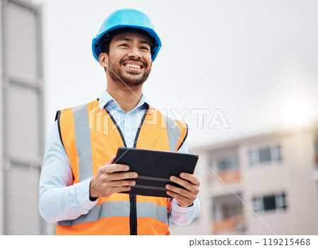 Construction worker, tablet and man builder with research and digital data for building installation. Thinking, engineer and male contractor with app and industrial project with tech and online plan 119215468