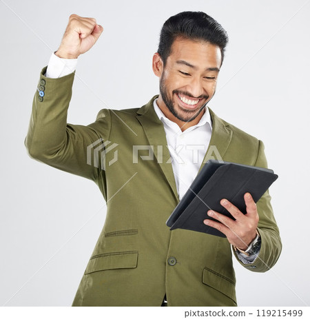 Business man, winner and success on tablet for stock market, trading news or results, profit and sales in studio. Excited professional person for digital trading with fist and yes on white background Business man, winner and success on tablet for stock market, trading news or results, profit and sales in studio. Excited professional person for digital trading with fist and yes on white background 119215499