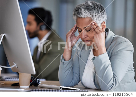 Headache, senior woman and business stress of office employee with work burnout. Mental health, working and anxiety problem of a elderly worker feeling frustrated from 404 computer glitch at company 119215504