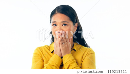 Wow, surprise and hands on face of woman in studio with bad news, mistake or oops emoji on white background. Omg, shock and portrait of lady model with fail, crisis or sorry, regret or gossip drama Wow, surprise and hands on face of woman in studio with bad news, mistake or oops emoji on white background. Omg, shock and portrait of lady model with fail, crisis or sorry, regret or gossip drama 119215511