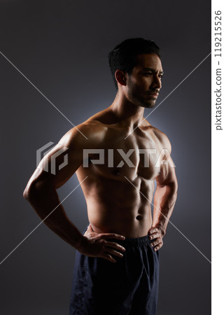 Muscle, dark studio and man with training challenge, workout and fitness determination, motivation or strength commitment. Body builder progress, thinking athlete and sports person on grey background Muscle, dark studio and man with training challenge, workout and fitness determination, motivation or strength commitment. Body builder progress, thinking athlete and sports person on grey background 119215526