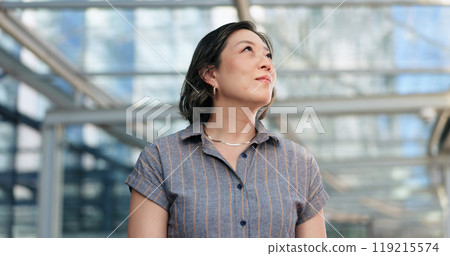 Thinking, vision and business woman in office building with career focus, idea or leadership mindset. Goal, dream and Asian female entrepreneur at work with positive attitude, growth or confidence Thinking, vision and business woman in office building with career focus, idea or leadership mindset. Goal, dream and Asian female entrepreneur at work with positive attitude, growth or confidence 119215574