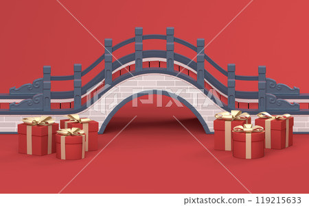 Chinese style bridge with red background, 3d Chinese style bridge with red background, 3d 119215633