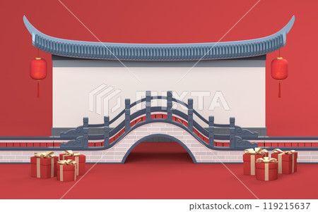 Chinese style bridge with red background, 3d Chinese style bridge with red background, 3d 119215637