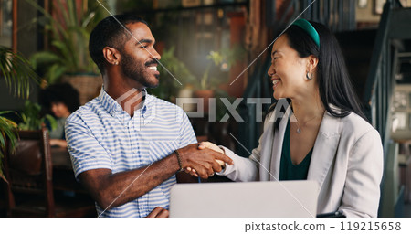 Japanese business woman, man and handshake by laptop, talking and tablet with deal, advice and finance startup. Person, financial advisor and agreement with information, investing knowledge and chat 119215658