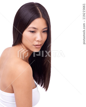 Woman, hair treatment and cosmetics for beauty in studio, growth and pride for keratin on mockup space. Asian female person, shampoo and conditioner for health, white background and dermatology 119215661