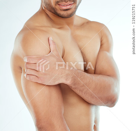 Shoulder pain, hands and fitness man in studio with muscle problem, arthritis or fibromyalgia on white background. Arm, injury and athletic male model with osteoporosis, stress or sports mistake 119215751