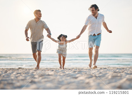 Gay couple, running and holding hands with family at beach for seaside holiday, support and travel. Summer, vacation and love with men and child in nature for lgbtq, happiness and bonding together Gay couple, running and holding hands with family at beach for seaside holiday, support and travel. Summer, vacation and love with men and child in nature for lgbtq, happiness and bonding together 119215801