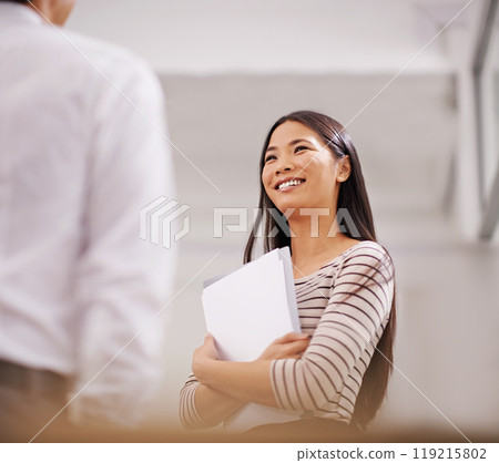 Office, documents and business people in discussion, meeting and talking in Japanese workplace. Professional, creative agency and man and woman with project for planning, collaboration and teamwork 119215802