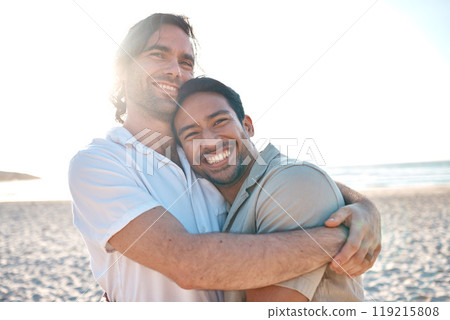 Love, happiness and gay couple on beach, hug and laugh on summer vacation together in Thailand. Sunshine, ocean and smile, lgbt couple embrace in nature for fun holiday with pride, sea and sand. 119215808