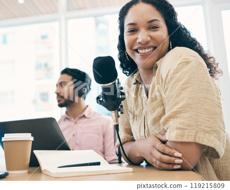 Woman, microphone and radio with smile in portrait, media or press with journalist or DJ, notebook and content creation. Podcast, influencer and live stream with audio, talk show and communication 119215809