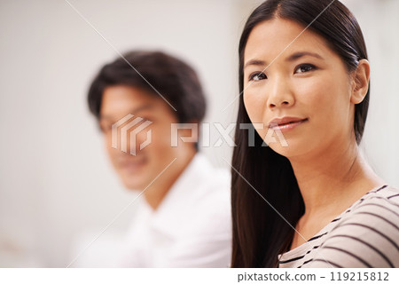 Portrait, Asian woman and man in office, partnership and employees in corporate company with teamwork. Collaboration, girl and male person working together for project of startup business with smile 119215812