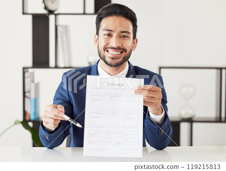 Insurance, offer and documents with portrait of lawyer for signature, contract and review. Advisor, attorney and advocate with man and agreement in office for legal paperwork, deal and information 119215813