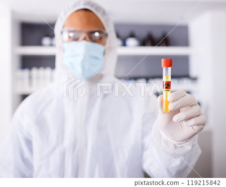 Danger, medical and man with liquid vial, sample and vaccination with bacteria, biohazard and warning. Person, face mask and researcher with test tube, safety and medicine with symbol and science Danger, medical and man with liquid vial, sample and vaccination with bacteria, biohazard and warning. Person, face mask and researcher with test tube, safety and medicine with symbol and science 119215842