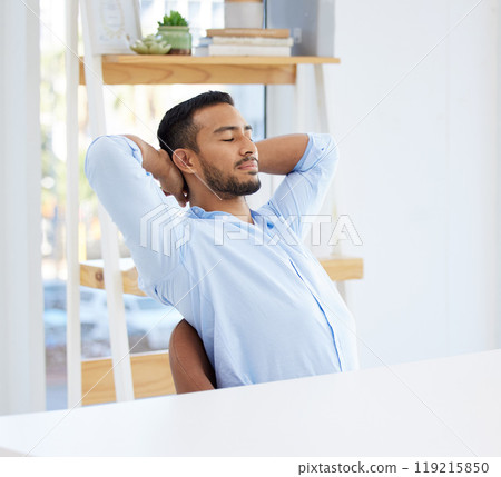 Businessman, relax and calm in office for peace, stress free and daydreaming of startup corporate company. Worker, rest and happy on break in workplace, target goal and project completed by deadline. 119215850