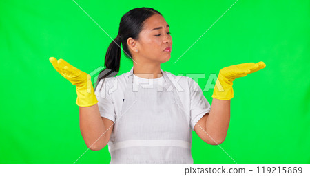 Cleaning, choice or woman with gloves on green screen for idea, hygiene or decision on studio background. Cleaner, present or Asian female person with ads space for offer promotion, opinion or mockup 119215869