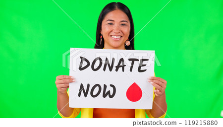 Portrait of woman, billboard and blood donation on green screen for advertising against a studio background. Happy Asian female person with sign or poster in donate, healthcare or volunteer on mockup 119215880