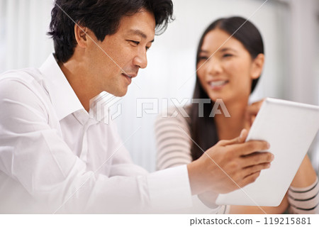Work, cooperation and people with tablet for collaboration in Japanese startup with teamwork. Planning, project and development in Tokyo office with research process online with feedback discussion 119215881