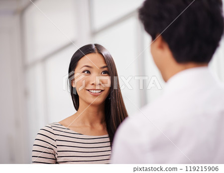 Business, cooperation and happy woman in conversation at office with feedback on project collaboration. Japanese, employee and talk to businessman with creative ideas, development or social teamwork Business, cooperation and happy woman in conversation at office with feedback on project collaboration. Japanese, employee and talk to businessman with creative ideas, development or social teamwork 119215906