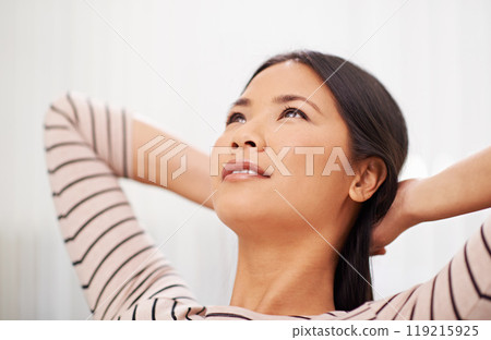 Calm, thinking and woman relax in office with ideas for development of project or planning a future. Japanese, entrepreneur and person brainstorming a creative decision and stretching in Tokyo Calm, thinking and woman relax in office with ideas for development of project or planning a future. Japanese, entrepreneur and person brainstorming a creative decision and stretching in Tokyo 119215925