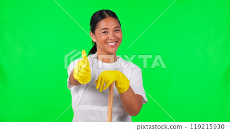 Happy woman, portrait or thumbs up on green screen for cleaning, hygiene or success on studio background. Asian person, maid or cleaner with like gesture, broom or yes sign for maintenance agreement 119215930