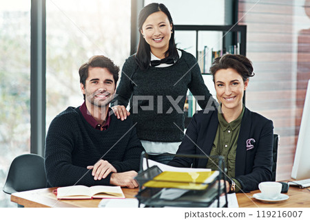 Portrait, smile and team of business people in office for cooperation, solidarity or about us in creative startup. Face, happy group and collaboration of diverse staff, editor or coworking at desk 119216007