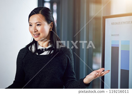 Business, Asian woman or screen for workshop, graphs or training data in sales education. Meeting, financial presentation or speaker teaching on charts stats or growth on monitor in coaching speech 119216011