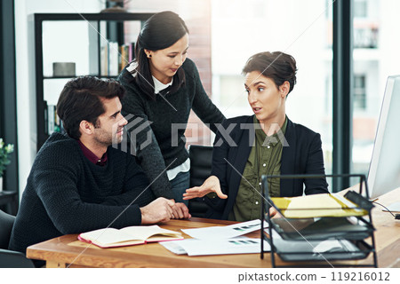 Business people, meeting and planning with teamwork, office and conversation for project launch. Brainstorming, communication and training for interns and journalist with research, advice and support 119216012