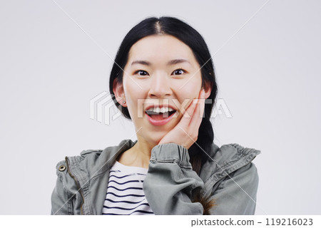 Studio, shock and asian woman in portrait with face, wow or mind blown with good news. Happy, female person and surprise reaction for announcement, lottery or competition prize on white background Studio, shock and asian woman in portrait with face, wow or mind blown with good news. Happy, female person and surprise reaction for announcement, lottery or competition prize on white background 119216023
