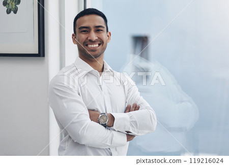 Portrait, business and Asian man with arms crossed, window and corporate goals with accountant and smile. Face, person and happy employee with career ambition and startup with pride and professional 119216024