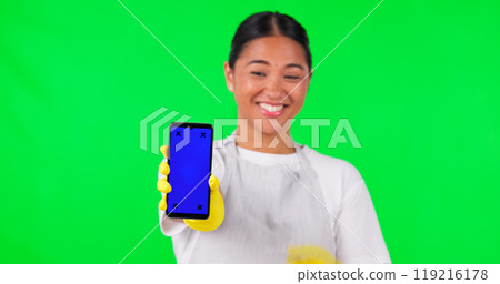 Cleaner, cleaning or woman with phone on green screen for idea, hygiene or decision on studio background. Mobile, present or Asian female person with ads space for offer promotion, opinion or mockup Cleaner, cleaning or woman with phone on green screen for idea, hygiene or decision on studio background. Mobile, present or Asian female person with ads space for offer promotion, opinion or mockup 119216178