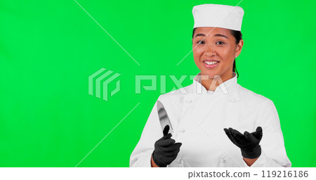 Green screen, face or woman chef with knife in studio for cooking, learning or recipe tips on mockup background. Food, portrait or Japanese pro cook with tool for menu, steps or sign up faq or guide 119216186