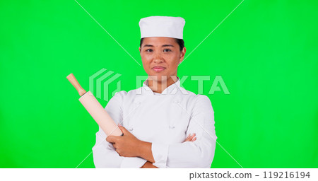Green screen, studio and face of woman baker with rolling pin for cooking, learning or recipe tips on mockup background. Food, portrait or Japanese chef show menu, steps and sign up, faq or guide 119216194