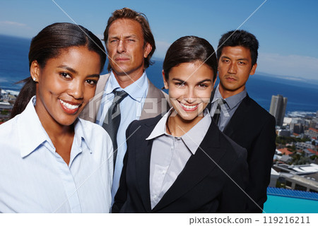 View, sky and business people for portrait with diversity, happiness and teamwork for career in real estate. Men, women and team for property management, unity and corporate professional development 119216211