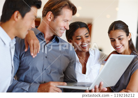 International people, teamwork and laptop in office for startup company connection, career and planning. Collaboration, computer and diversity in modern workplace for business professionals. International people, teamwork and laptop in office for startup company connection, career and planning. Collaboration, computer and diversity in modern workplace for business professionals. 119216212